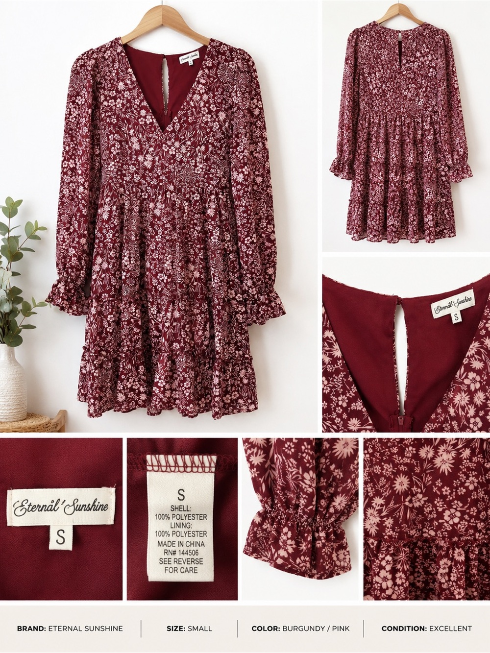 Eternal Sunshine Creations Burgundy Floral Long Sleeve Tiered Dress - Picture 2 of 2